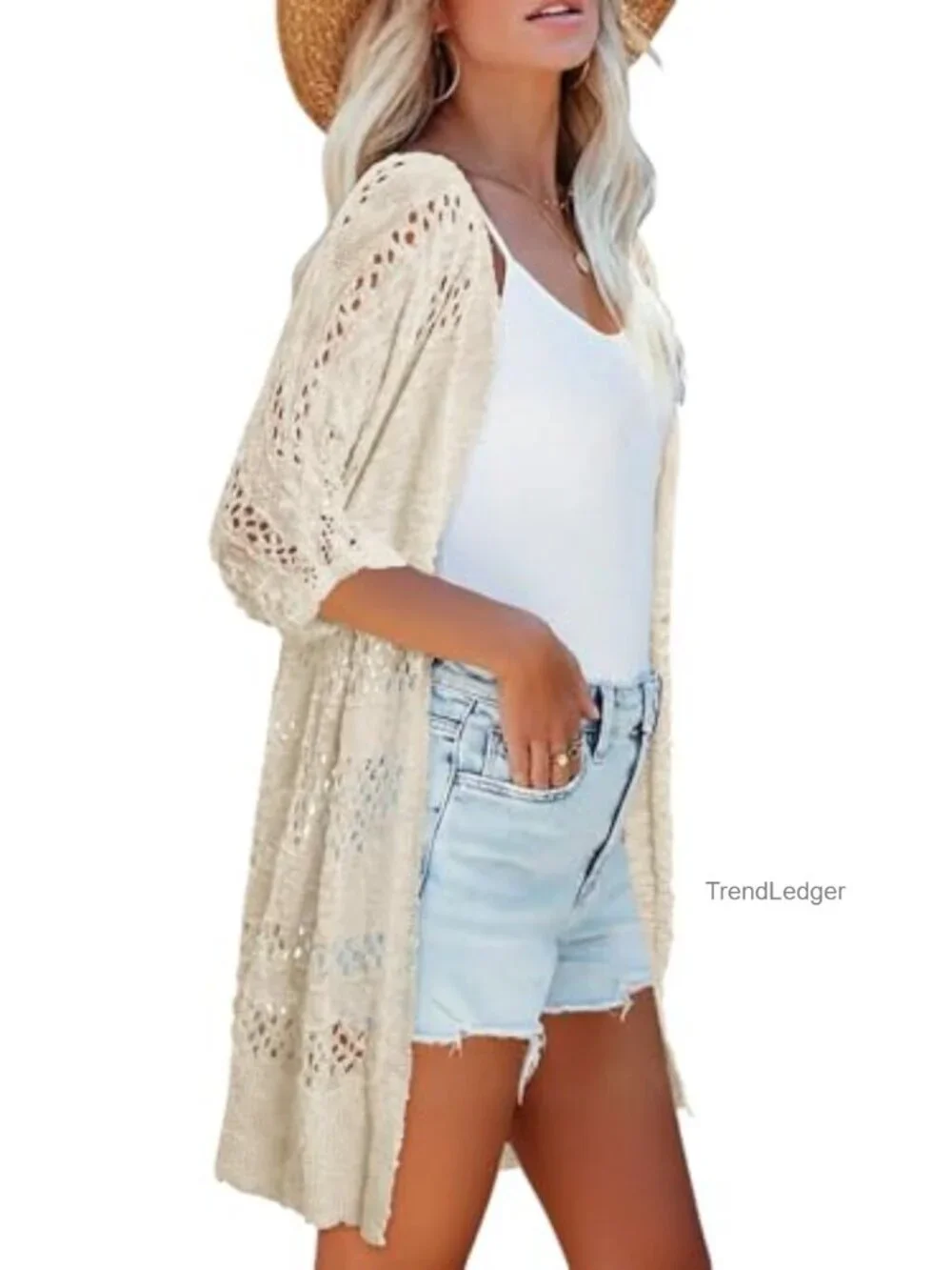 Crochet Open Front Cardigan Short Sleeve Knit Sweater Lightweight Summer Cover
